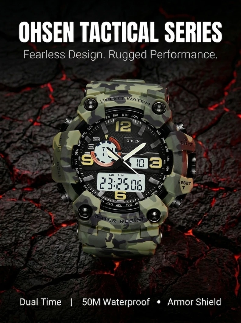 Fashion Quartz Digital Men Watch Dual Time Army Green Sport Man Wristwatches Reloj Hombre Waterproof Led Male Diver Watches Gift