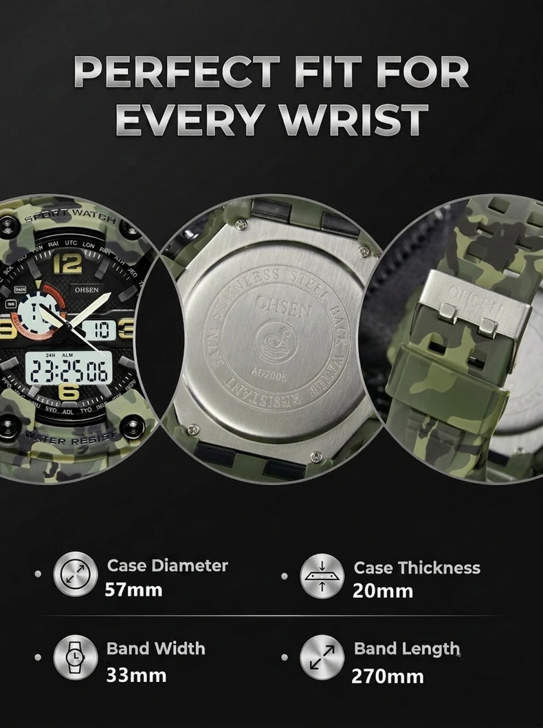 Fashion Quartz Digital Men Watch Dual Time Army Green Sport Man Wristwatches Reloj Hombre Waterproof Led Male Diver Watches Gift