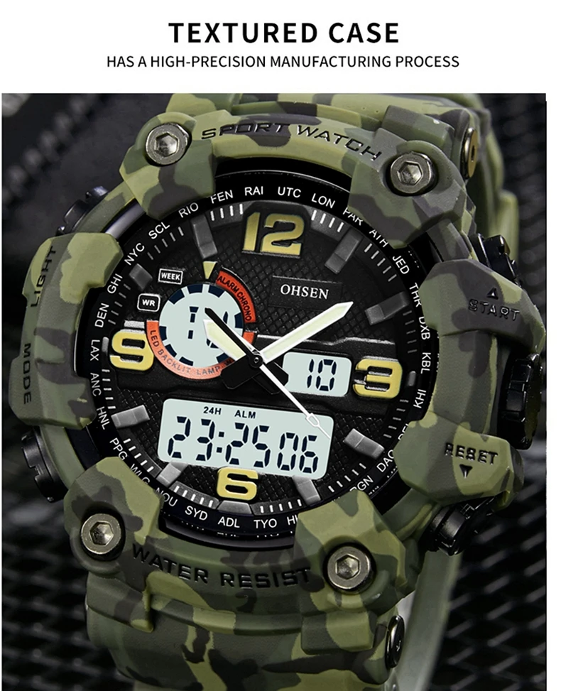 Fashion Quartz Digital Men Watch Dual Time Army Green Sport Man Wristwatches Reloj Hombre Waterproof Led Male Diver Watches Gift
