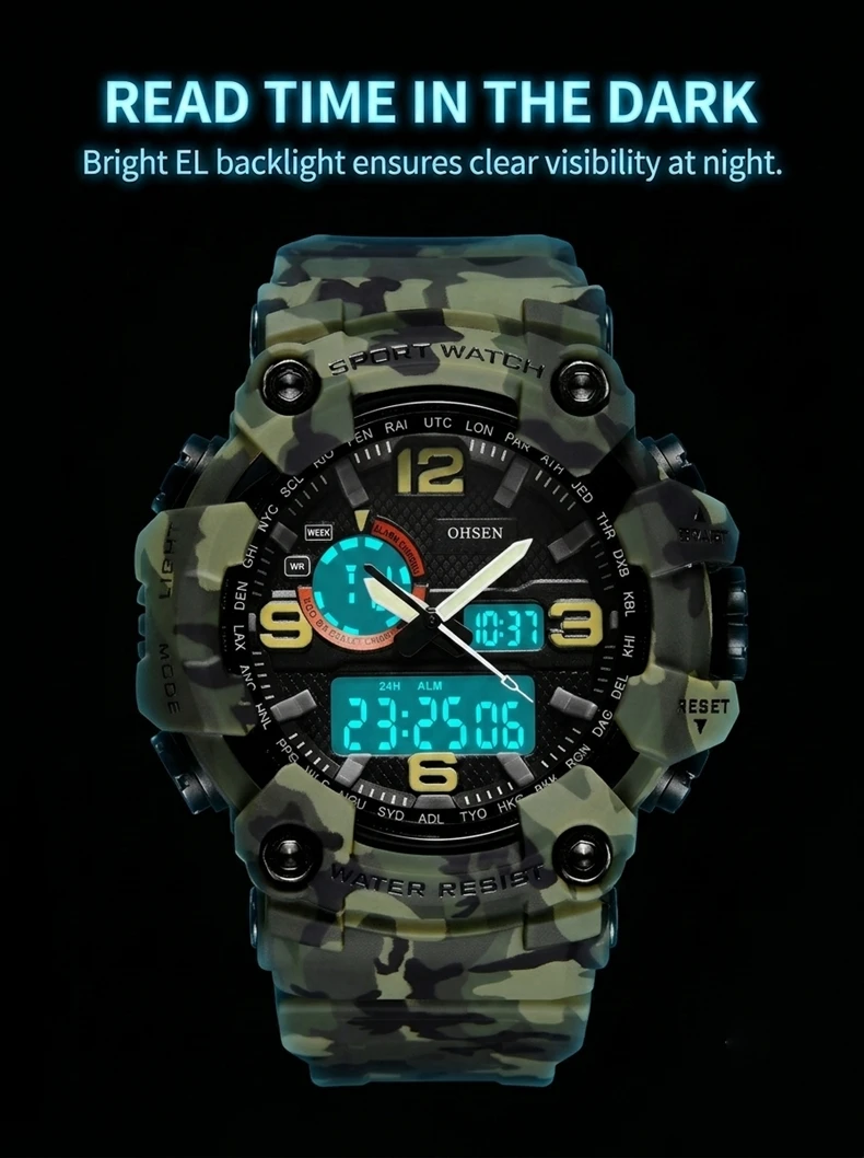 Fashion Quartz Digital Men Watch Dual Time Army Green Sport Man Wristwatches Reloj Hombre Waterproof Led Male Diver Watches Gift