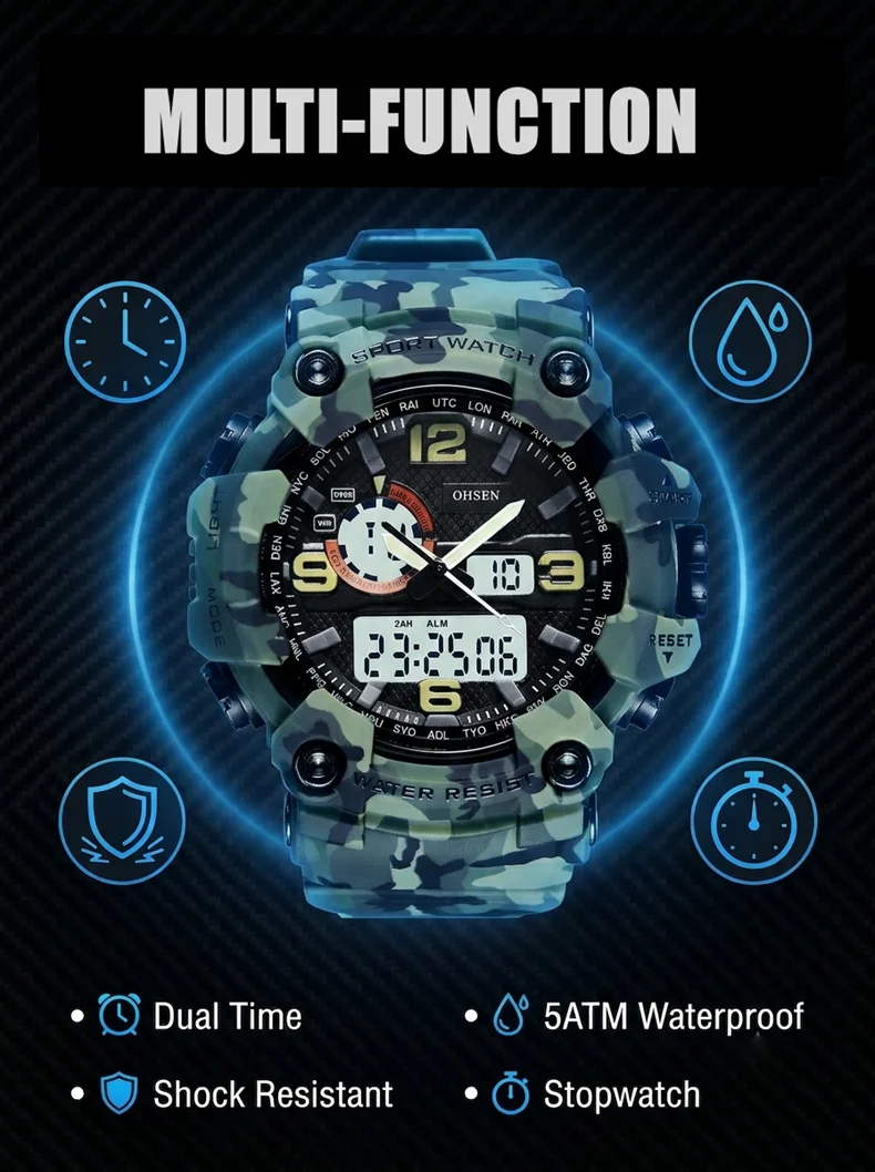 Fashion Quartz Digital Men Watch Dual Time Army Green Sport Man Wristwatches Reloj Hombre Waterproof Led Male Diver Watches Gift