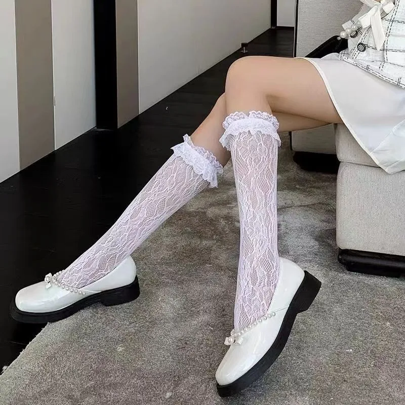 Women Sexy Lace Top Floral Rattan Fishnet Stockings Long Tube Mesh Over Knee Body Stockings Thigh High Hosiery Goth Long Socks