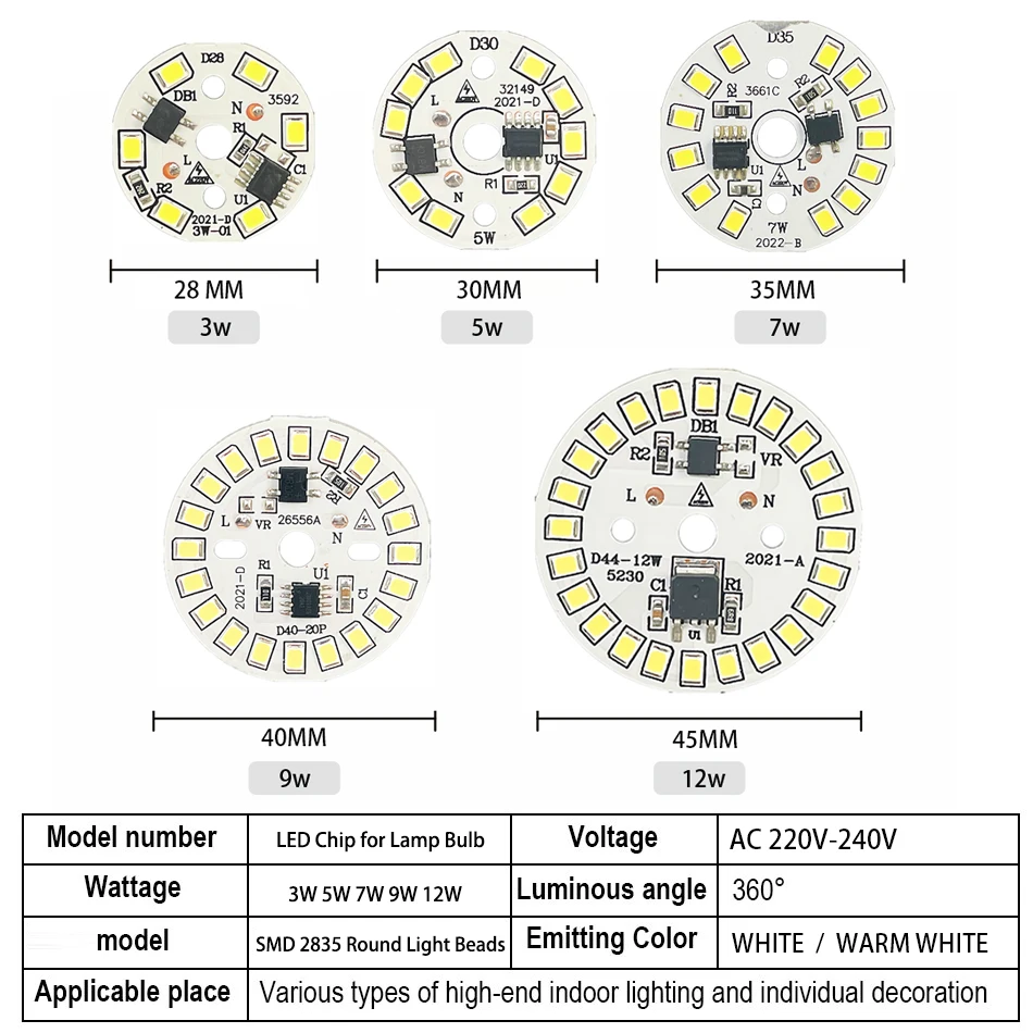 LED Chip for Lamp Bulb 3W 5W 7W 9W 12W SMD 2835 Round Light Beads AC 220V-240V Bulb Chip Lighting Spotlight 90 Lumen/W