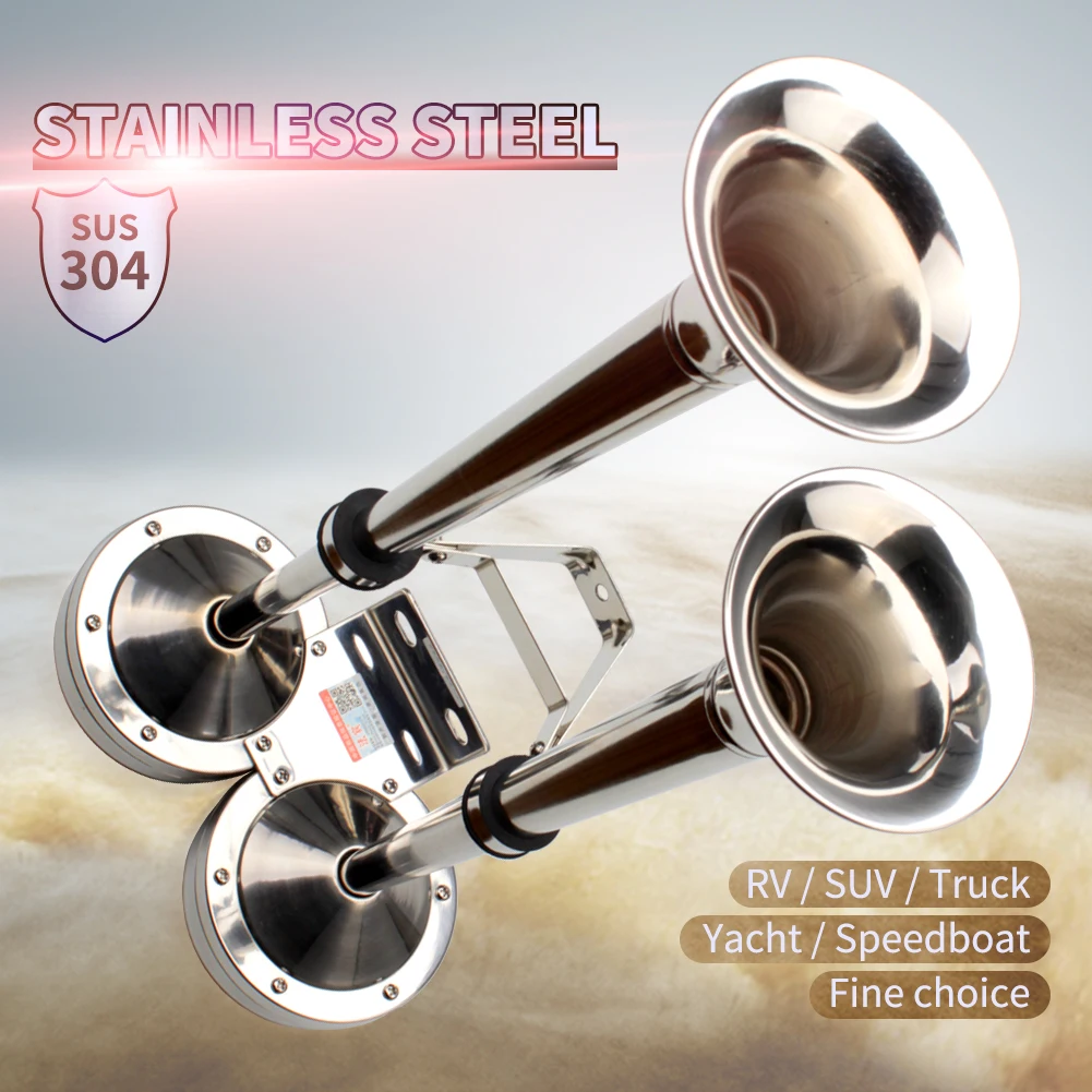 FARBIN 12V/24V Marine Boat Stainless Steel Dual Trumpet Electric Horn with Mounting Bracket for Ship Sailboat Yacht Car Trucks