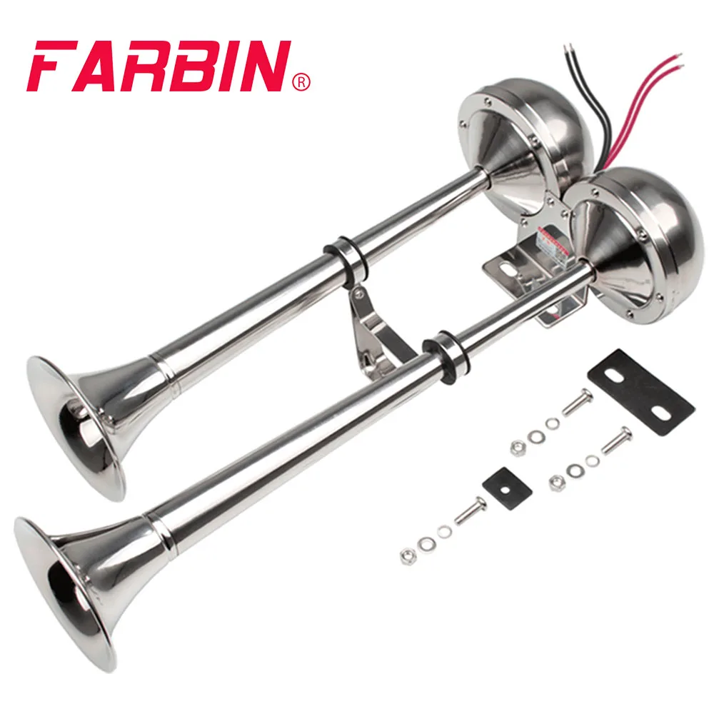 FARBIN 12V/24V Marine Boat Stainless Steel Dual Trumpet Electric Horn with Mounting Bracket for Ship Sailboat Yacht Car Trucks