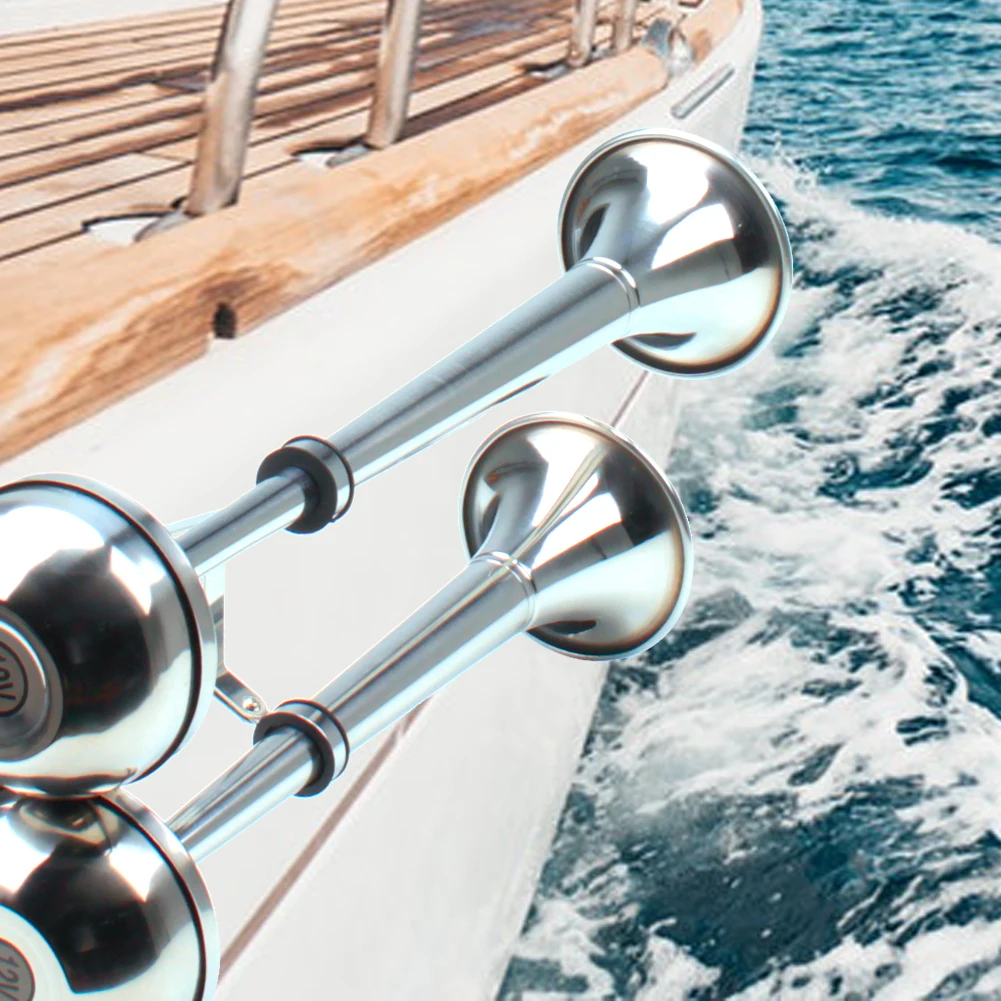 FARBIN 12V/24V Marine Boat Stainless Steel Dual Trumpet Electric Horn with Mounting Bracket for Ship Sailboat Yacht Car Trucks