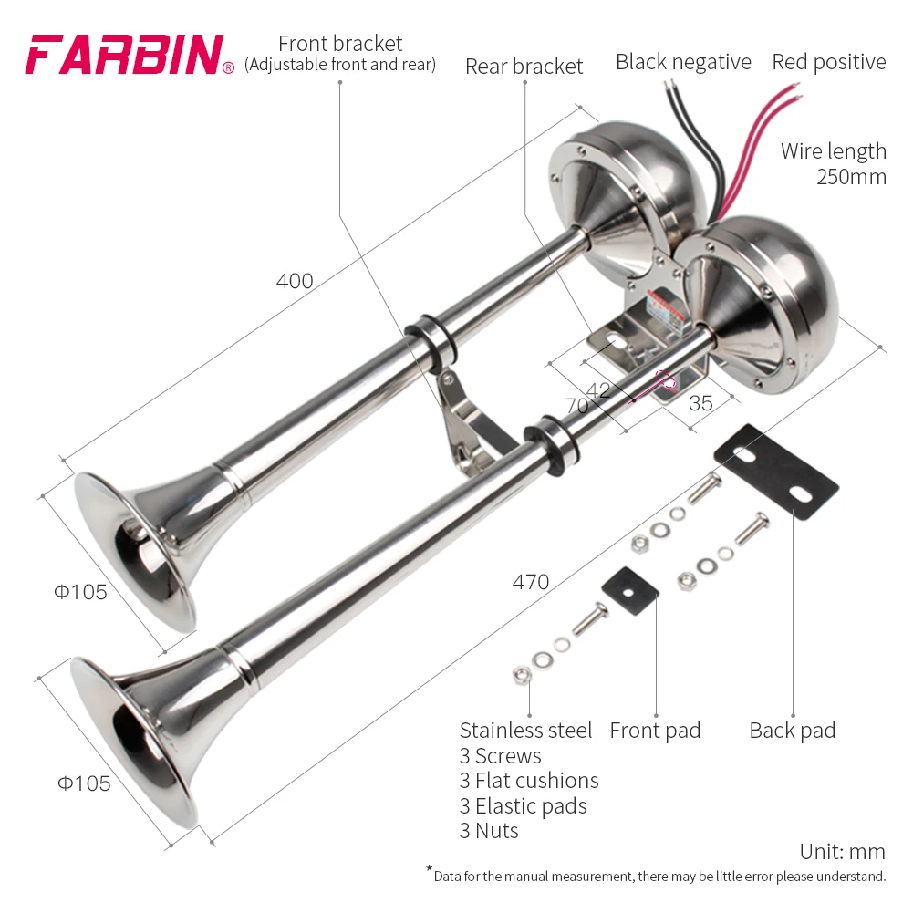 FARBIN 12V/24V Marine Boat Stainless Steel Dual Trumpet Electric Horn with Mounting Bracket for Ship Sailboat Yacht Car Trucks