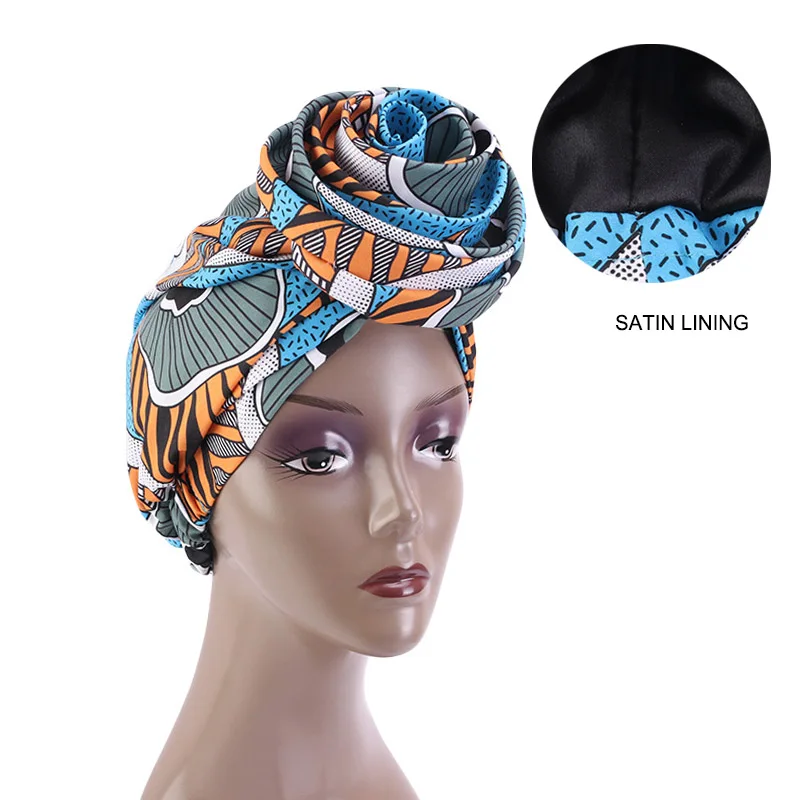 African Print Stretch Bandana Head Wrap Long Scarf Satin Floral Ankara Dashiki Women Party Turban Headwear Cap Hair Accessories