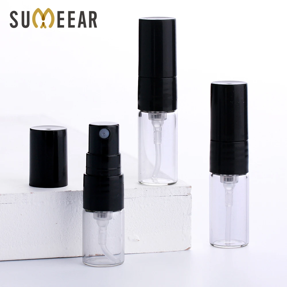 100 Pcs/Lot 1ml 2ml Mini Perfume Bottle Black Spray Refillable Empty Bottles Cosmetic Containers Portable Perfume Atomizer