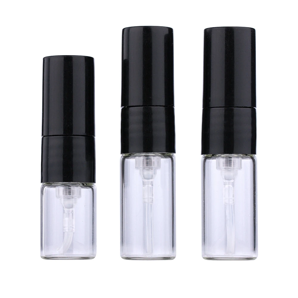 100 Pcs/Lot 1ml 2ml Mini Perfume Bottle Black Spray Refillable Empty Bottles Cosmetic Containers Portable Perfume Atomizer