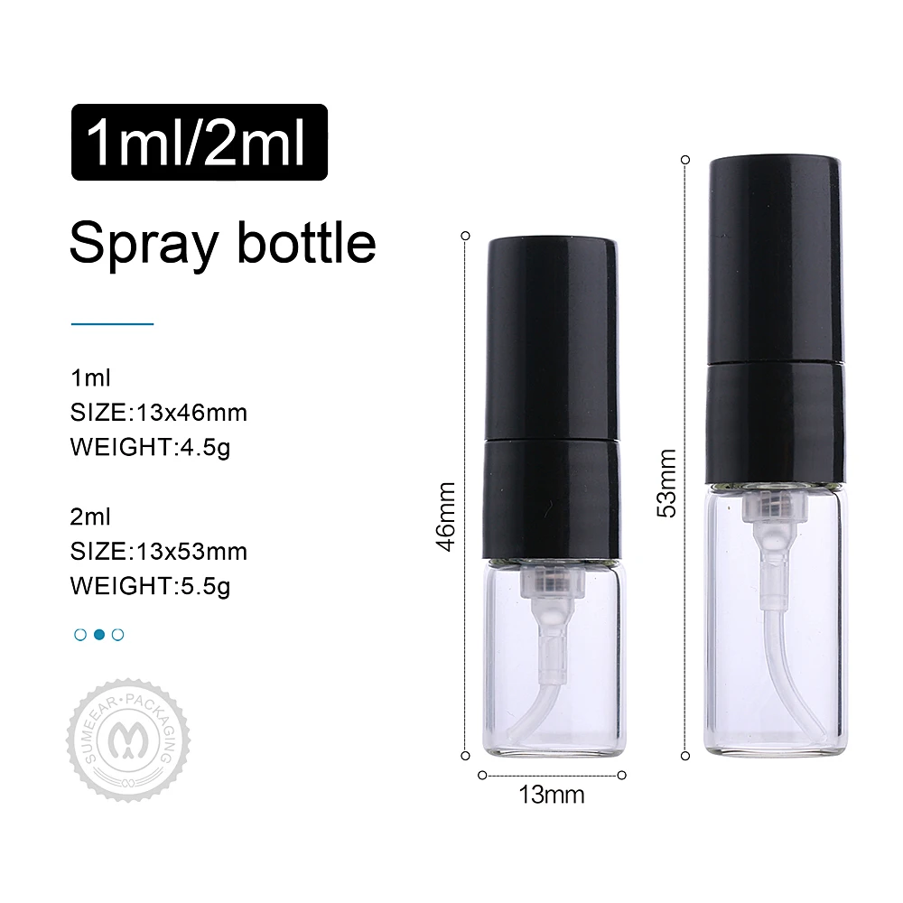 100 Pcs/Lot 1ml 2ml Mini Perfume Bottle Black Spray Refillable Empty Bottles Cosmetic Containers Portable Perfume Atomizer