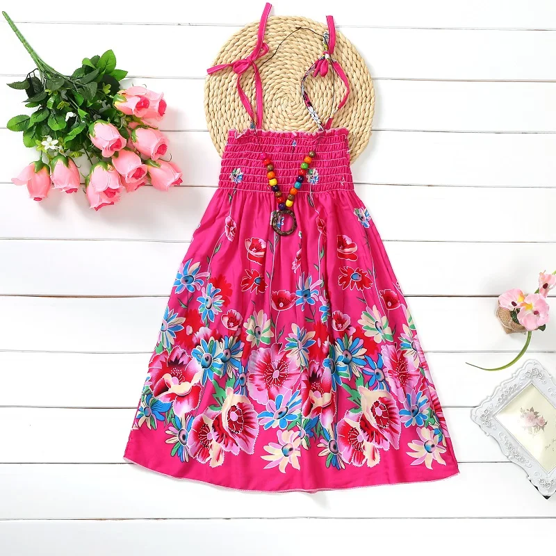 Summer Girls Floral Dress Sling Ruffles Bohemian Beach Princess Dresses for Girl Clothing  2 6 8 12 Years With Necklace Gift