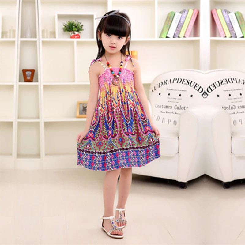 Summer Girls Floral Dress Sling Ruffles Bohemian Beach Princess Dresses for Girl Clothing  2 6 8 12 Years With Necklace Gift