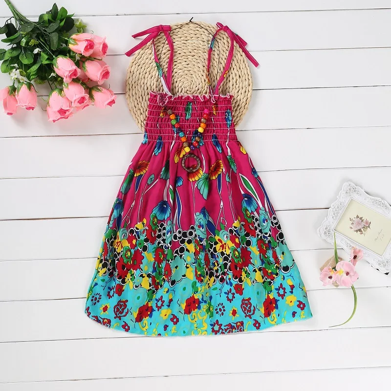 Summer Girls Floral Dress Sling Ruffles Bohemian Beach Princess Dresses for Girl Clothing  2 6 8 12 Years With Necklace Gift