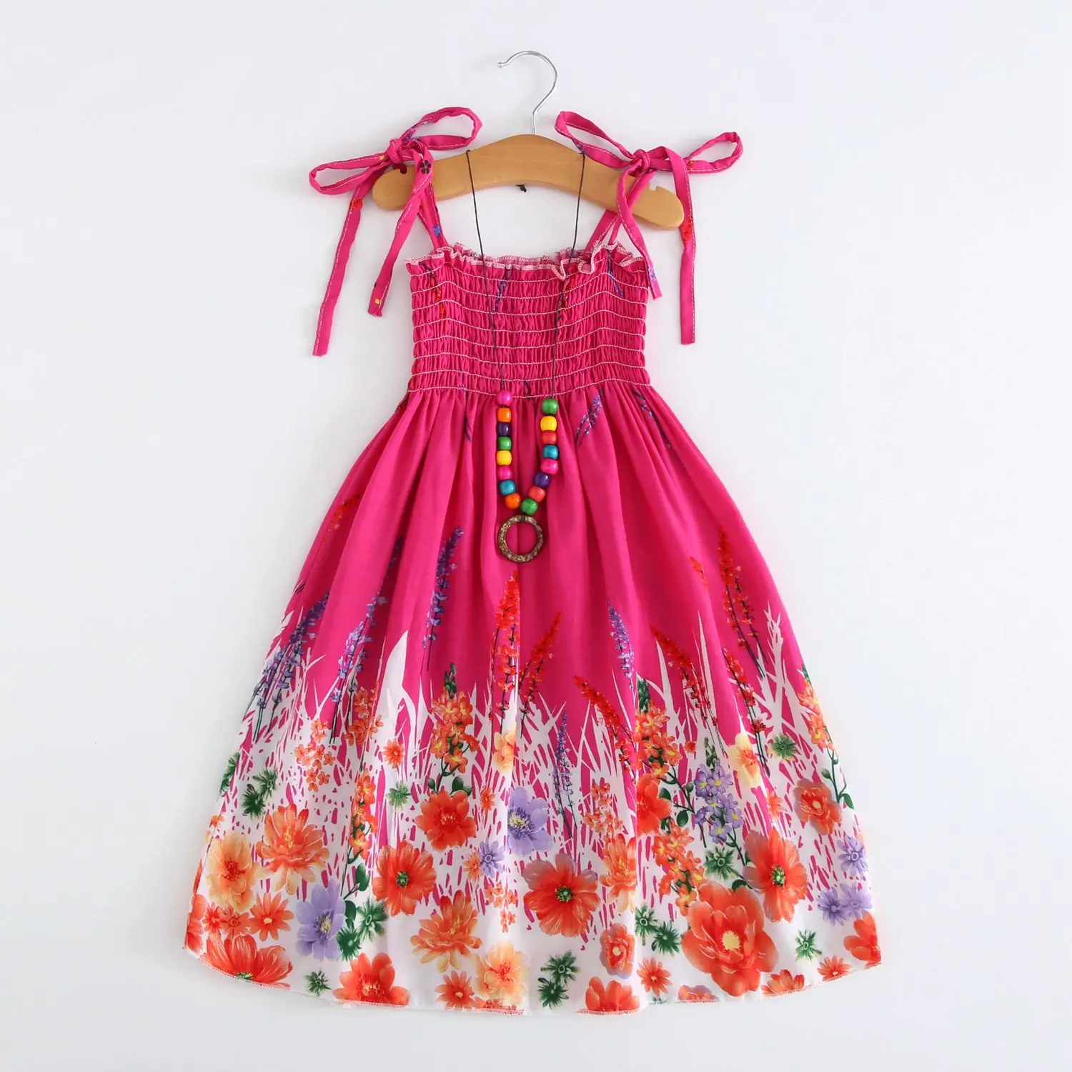 Summer Girls Floral Dress Sling Ruffles Bohemian Beach Princess Dresses for Girl Clothing  2 6 8 12 Years With Necklace Gift