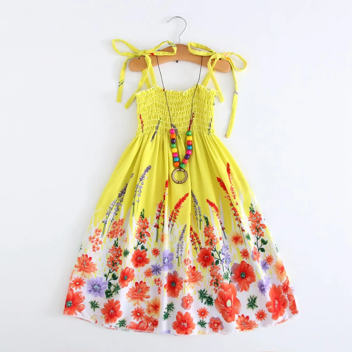 Summer Girls Floral Dress Sling Ruffles Bohemian Beach Princess Dresses for Girl Clothing  2 6 8 12 Years With Necklace Gift