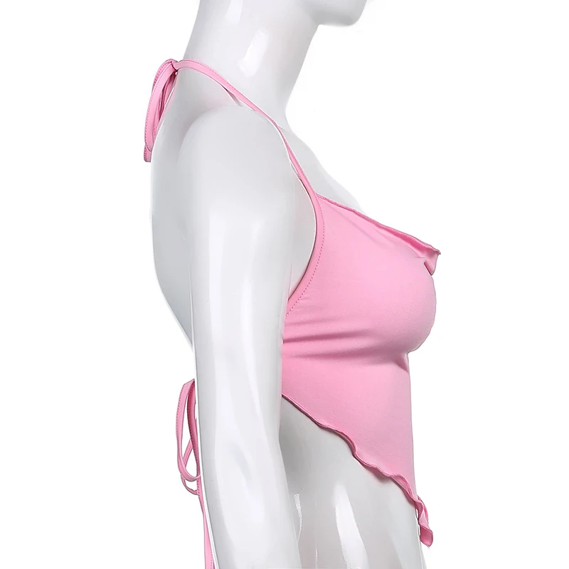Pink Sleeveless Sexy Crop Tops Women Backless Lacing Camis Wireless Bralette Tanks Spaghetti Strap Halter Cropped Top Camisole