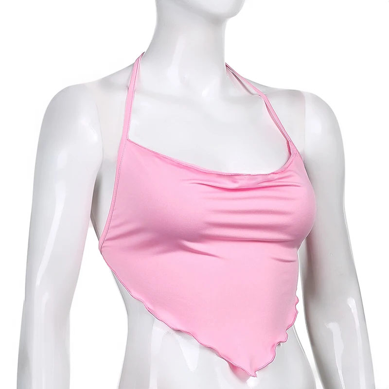 Pink Sleeveless Sexy Crop Tops Women Backless Lacing Camis Wireless Bralette Tanks Spaghetti Strap Halter Cropped Top Camisole
