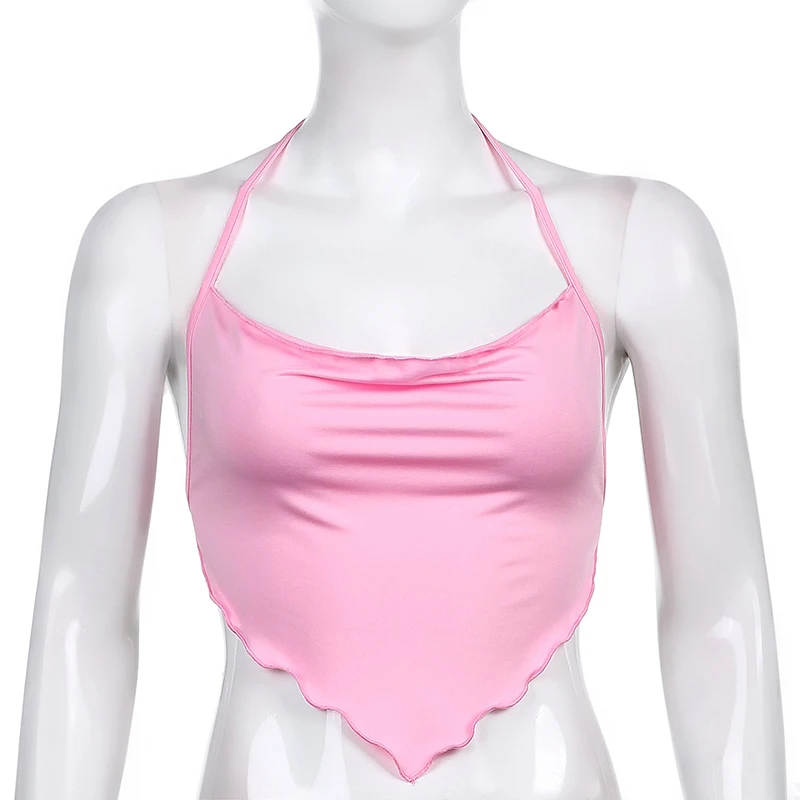 Pink Sleeveless Sexy Crop Tops Women Backless Lacing Camis Wireless Bralette Tanks Spaghetti Strap Halter Cropped Top Camisole