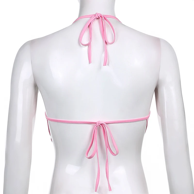 Pink Sleeveless Sexy Crop Tops Women Backless Lacing Camis Wireless Bralette Tanks Spaghetti Strap Halter Cropped Top Camisole