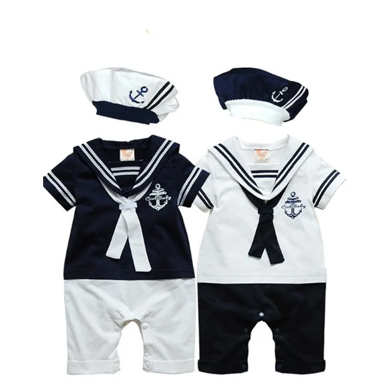 Baby Boy Clothes Girl Navy Romper Summer Newborn Kids Sailor Jumpsuit Hat 2Pcs Sets Body Short Sleeve Anchor Printed Suit