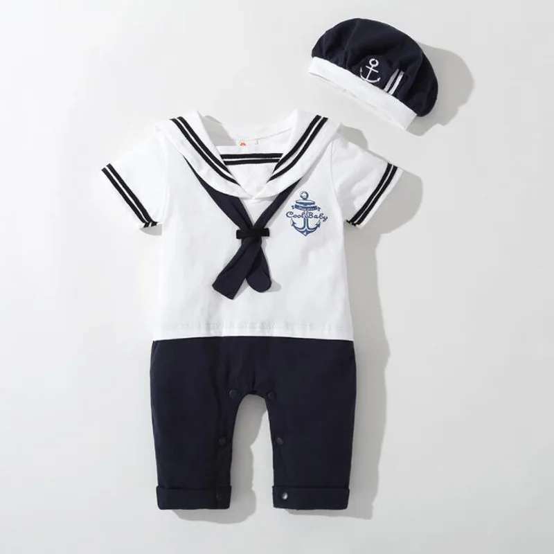 Baby Boy Clothes Girl Navy Romper Summer Newborn Kids Sailor Jumpsuit Hat 2Pcs Sets Body Short Sleeve Anchor Printed Suit