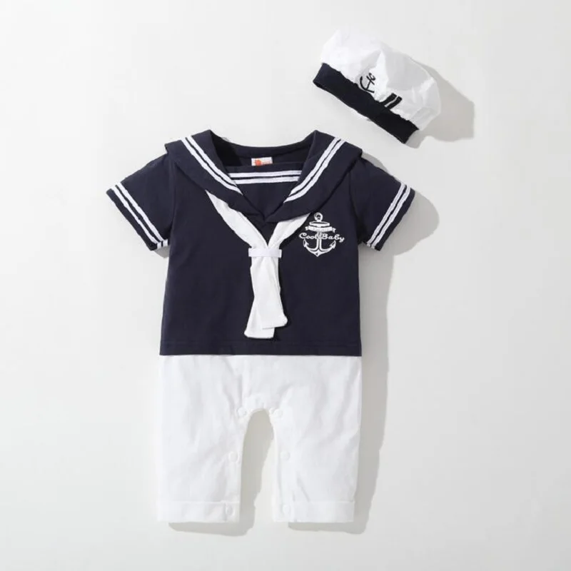 Baby Boy Clothes Girl Navy Romper Summer Newborn Kids Sailor Jumpsuit Hat 2Pcs Sets Body Short Sleeve Anchor Printed Suit