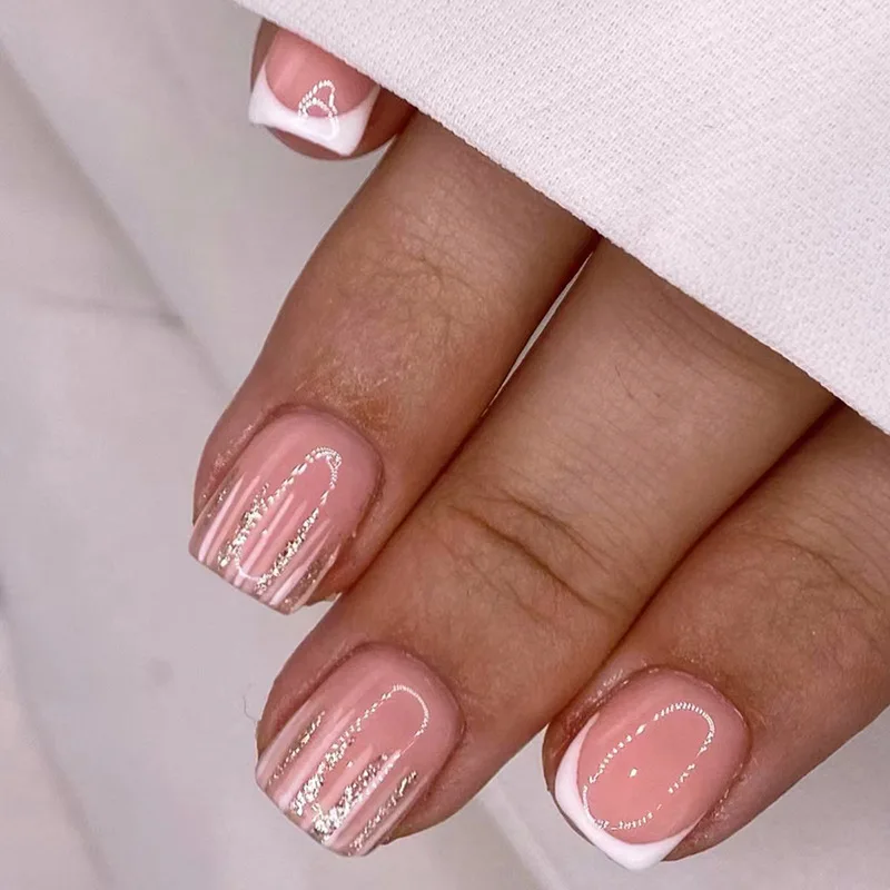24Pcs Naked Pink French White Side False Nails Short Simple Nail Beauty Press on Fake Nails Full Cover Artificial Nails Tips