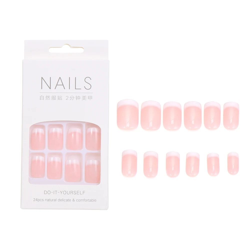 24Pcs Naked Pink French White Side False Nails Short Simple Nail Beauty Press on Fake Nails Full Cover Artificial Nails Tips