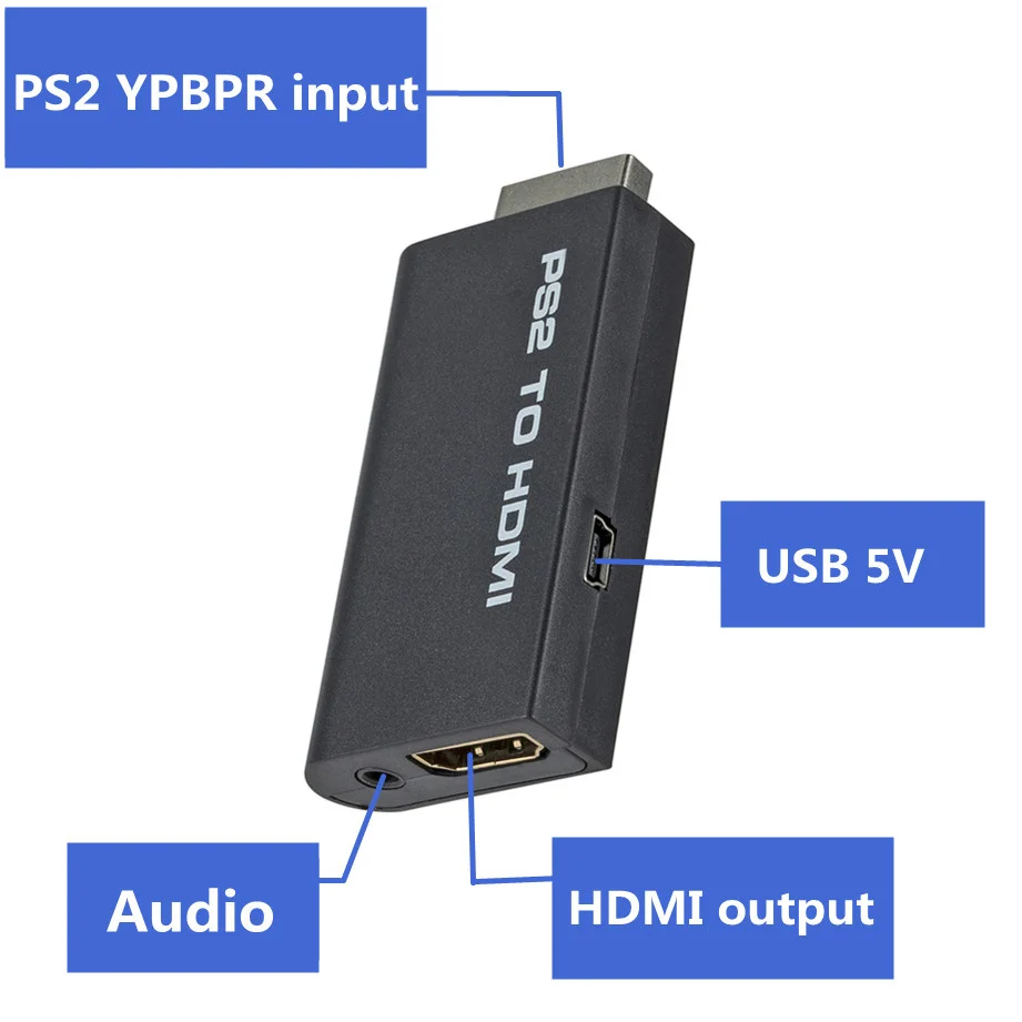 PS2 to HDMI-Compatible 480i/480p/576i Audio Video Converter with 3.5mm Audio Output Supports All PS2 Display Modes PS2 TO HDMI