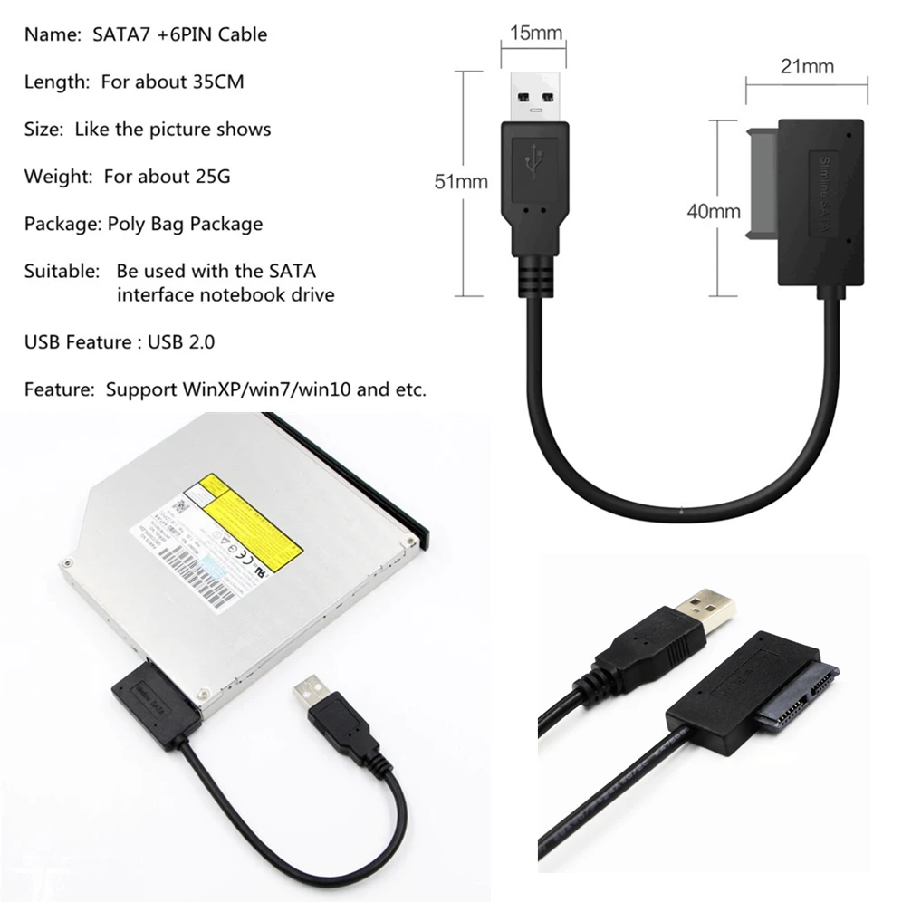 PzzPss USB 2.0 to Mini Sata II 7+6 13Pin Adapter Converter Cable For Laptop CD/DVD ROM Slimline Drive Converter HDD Caddy