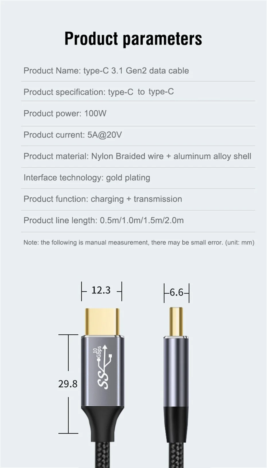 USB3.2 Gen2 10Gbps Type-C 3.1 Cable 4K Vidio Cable USB Type C 5A 100W fast charging QC5.0 Cable For Samsung S21 Macbook Pro