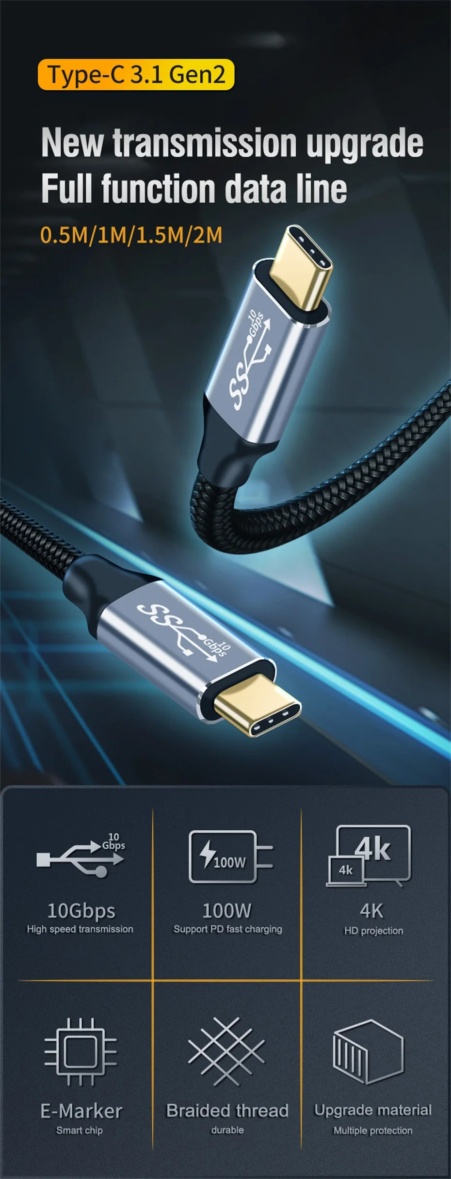 USB3.2 Gen2 10Gbps Type-C 3.1 Cable 4K Vidio Cable USB Type C 5A 100W fast charging QC5.0 Cable For Samsung S21 Macbook Pro