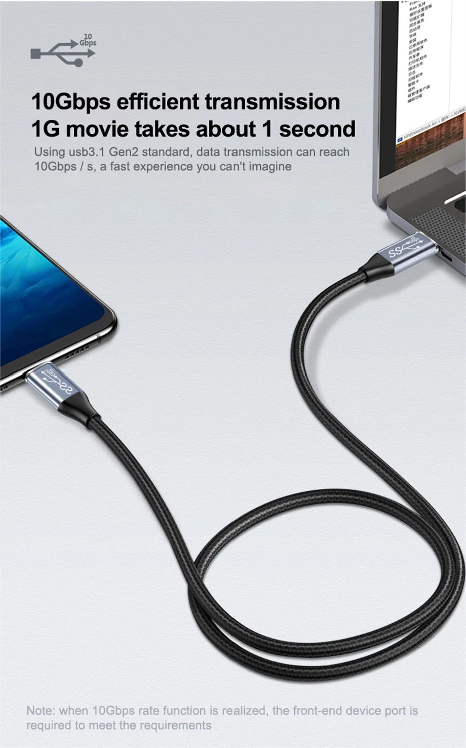 USB3.2 Gen2 10Gbps Type-C 3.1 Cable 4K Vidio Cable USB Type C 5A 100W fast charging QC5.0 Cable For Samsung S21 Macbook Pro