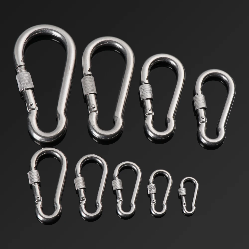 M4~M12 304 Silver Stainless Steel Lock Ring Safety Snap Hook Carabiner Spring Snap Quick Link Outdoor Climbing Gear Equipment