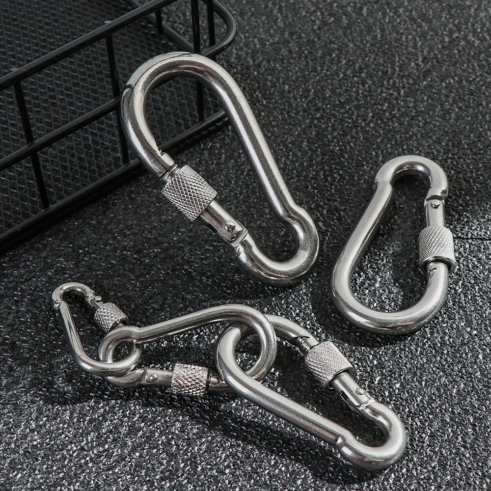 M4~M12 304 Silver Stainless Steel Lock Ring Safety Snap Hook Carabiner Spring Snap Quick Link Outdoor Climbing Gear Equipment