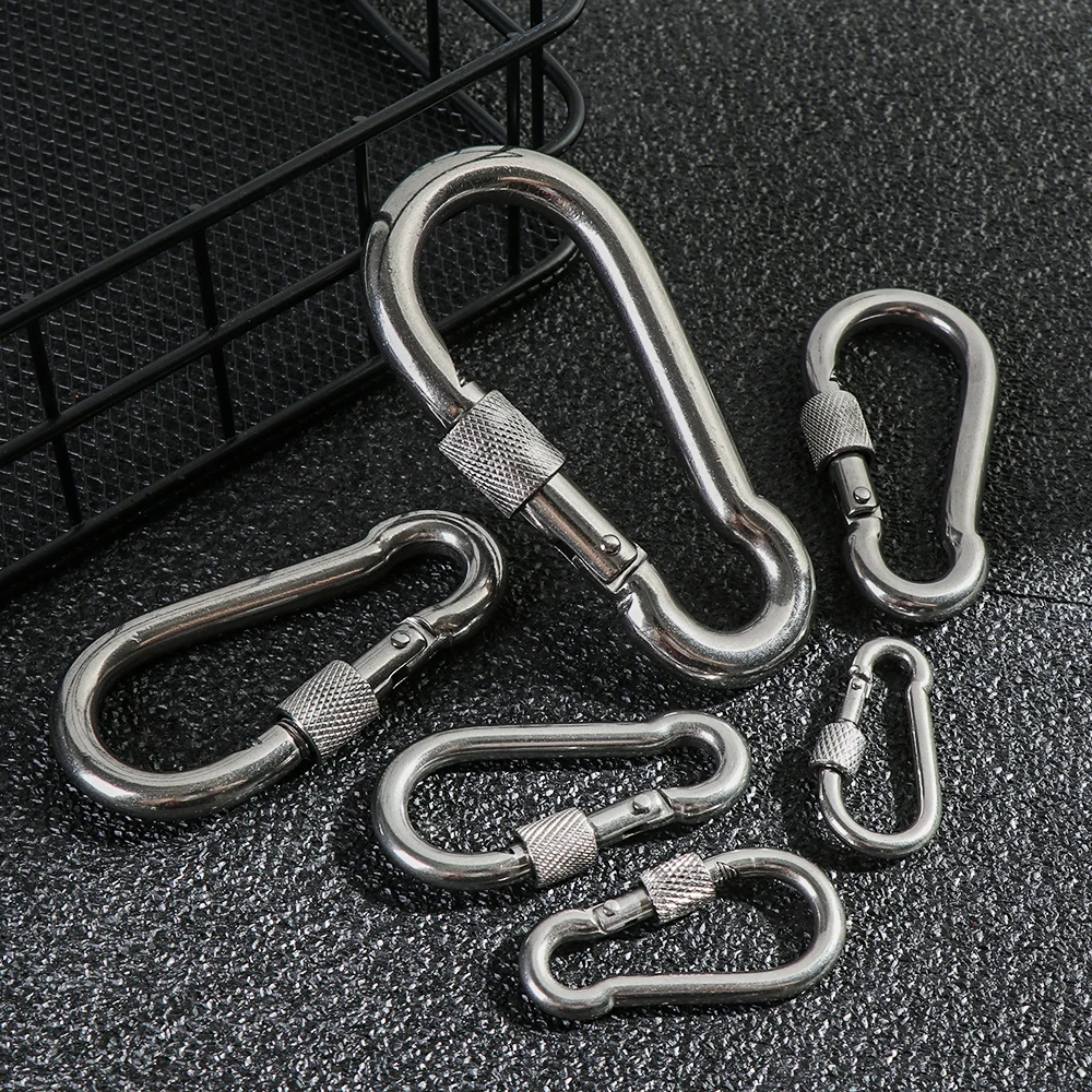 M4~M12 304 Silver Stainless Steel Lock Ring Safety Snap Hook Carabiner Spring Snap Quick Link Outdoor Climbing Gear Equipment