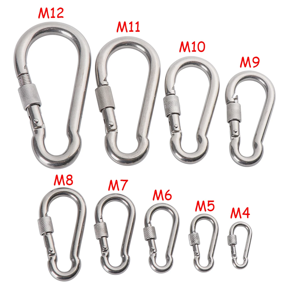 M4~M12 304 Silver Stainless Steel Lock Ring Safety Snap Hook Carabiner Spring Snap Quick Link Outdoor Climbing Gear Equipment