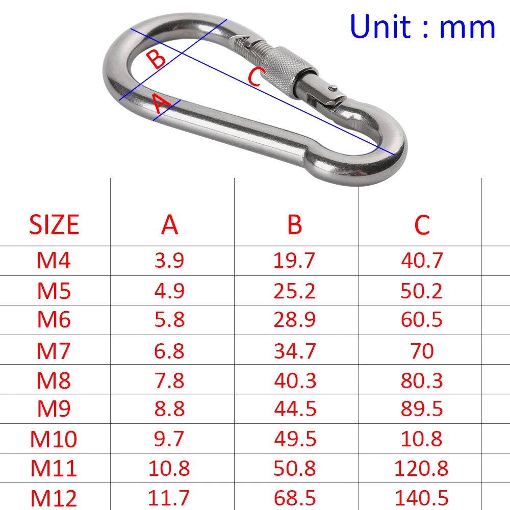 M4~M12 304 Silver Stainless Steel Lock Ring Safety Snap Hook Carabiner Spring Snap Quick Link Outdoor Climbing Gear Equipment