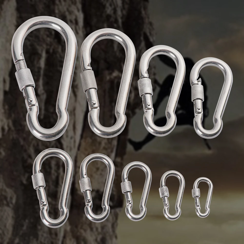 M4~M12 304 Silver Stainless Steel Lock Ring Safety Snap Hook Carabiner Spring Snap Quick Link Outdoor Climbing Gear Equipment