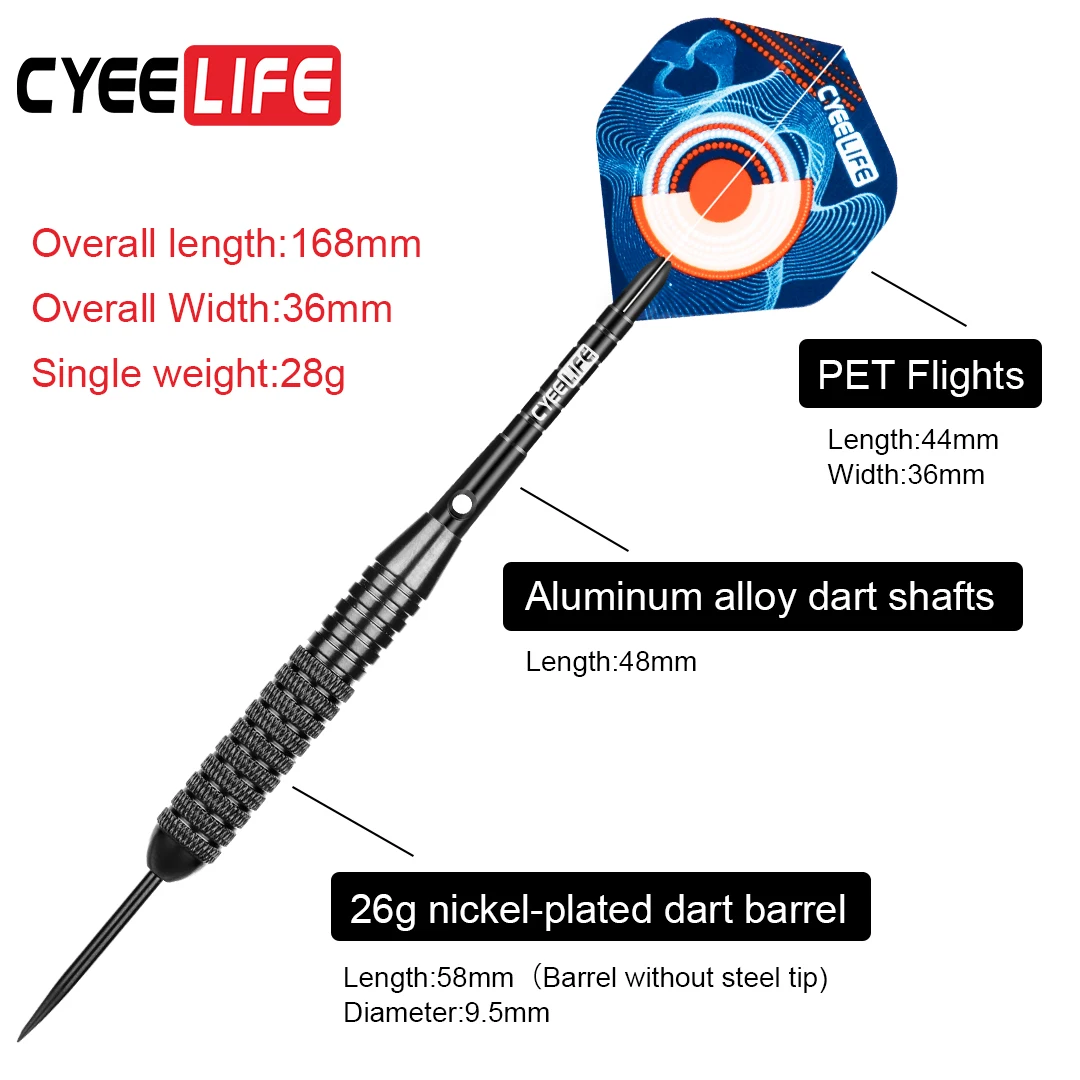 CyeeLife 26 Gram Darts Steel Tip with Dart Bag & Extra Standard Flights & Plastic Accessory, House Dart Set 3 Packs