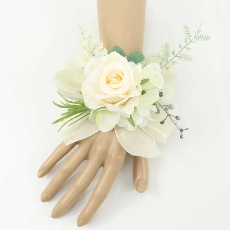 Ivory Wrist Corsage Bridesmaid Sisters Handmade Flower Artificial Silk Rose Bracelet Flowers For Wedding Dancing Party Decor