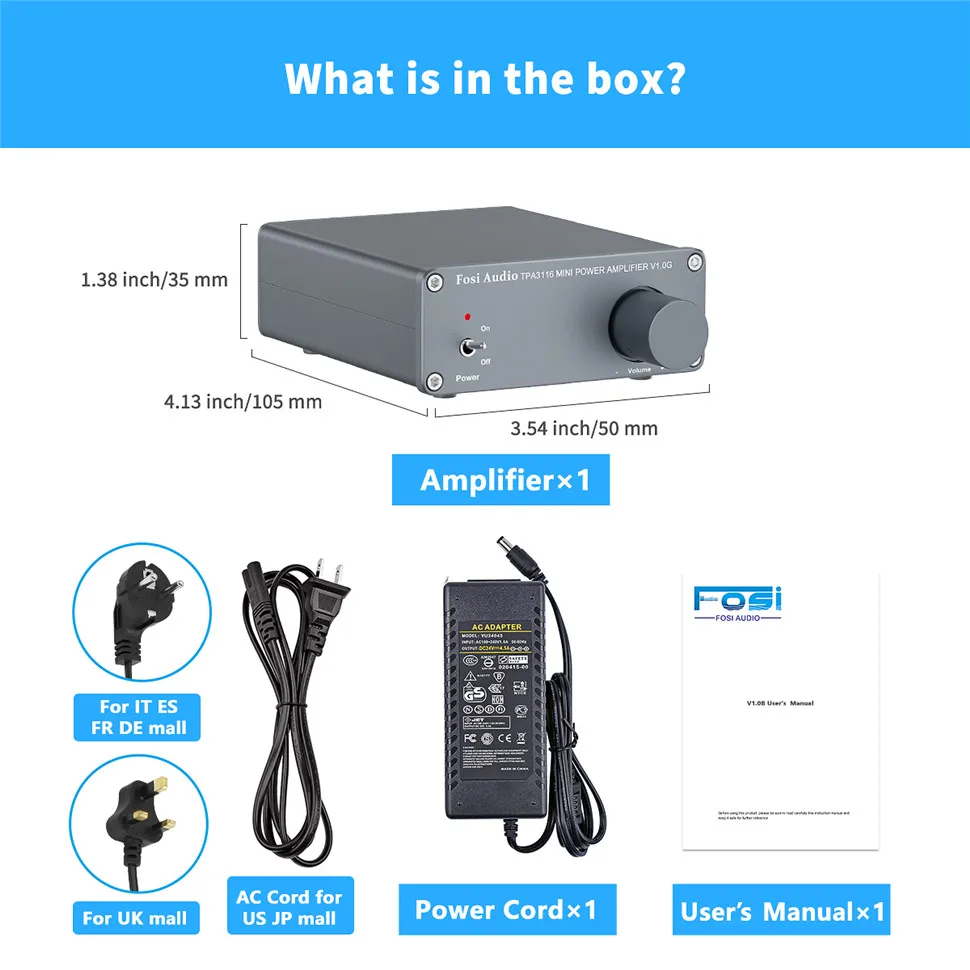 Fosi Audio 2 Channel TPA3116D2 Stereo Audio Class D Amplifier 50W X 2 - V1.0 Power Amplifier For Home Passive Speakers