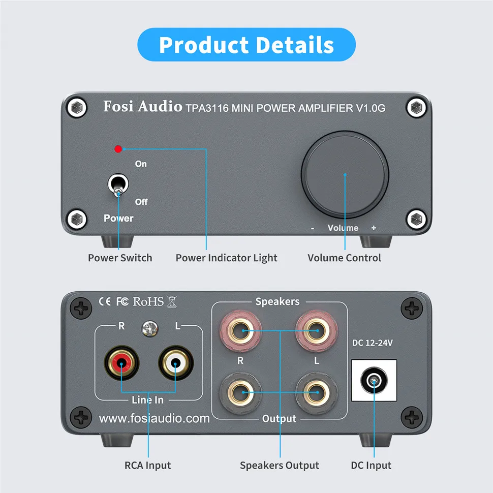 Fosi Audio 2 Channel TPA3116D2 Stereo Audio Class D Amplifier 50W X 2 - V1.0 Power Amplifier For Home Passive Speakers