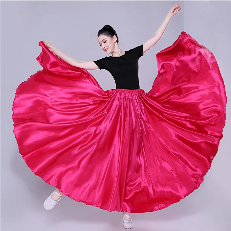 360 Degree Satin Skirt Belly Dance Women Gypsy Long Skirts Dancer Practice Wear 15 Colors Assorted Solid Purple Gold Dance Skirt