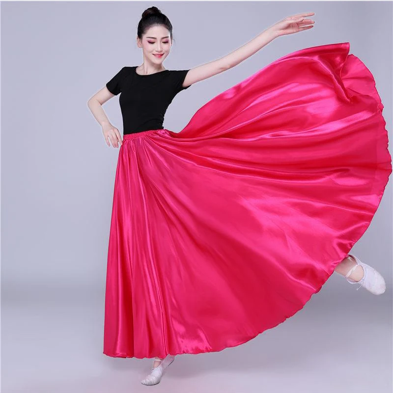 360 Degree Satin Skirt Belly Dance Women Gypsy Long Skirts Dancer Practice Wear 15 Colors Assorted Solid Purple Gold Dance Skirt