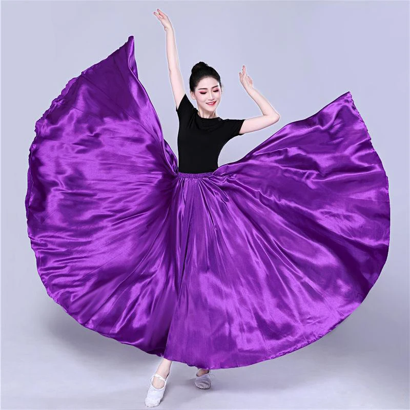 360 Degree Satin Skirt Belly Dance Women Gypsy Long Skirts Dancer Practice Wear 15 Colors Assorted Solid Purple Gold Dance Skirt