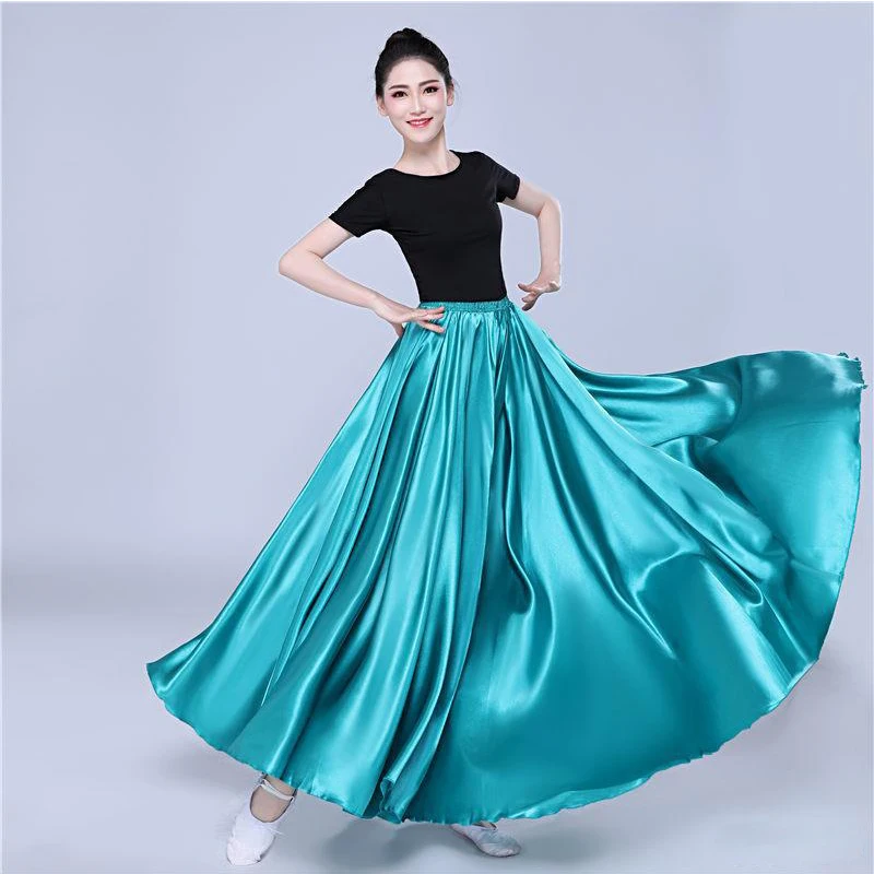 360 Degree Satin Skirt Belly Dance Women Gypsy Long Skirts Dancer Practice Wear 15 Colors Assorted Solid Purple Gold Dance Skirt