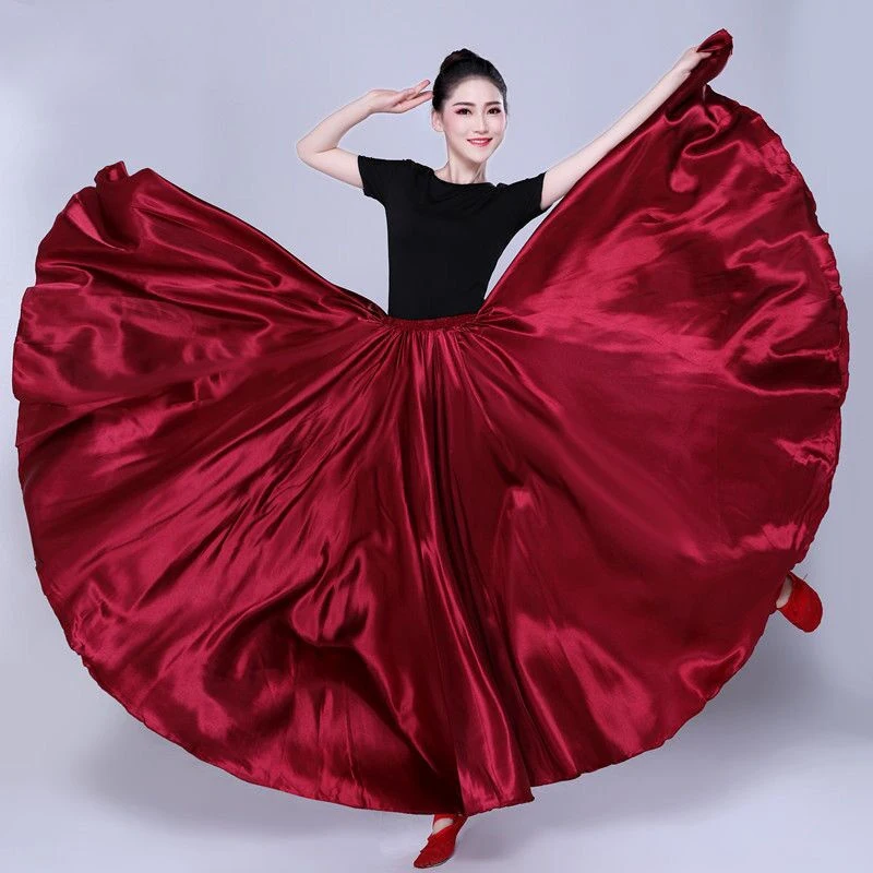 360 Degree Satin Skirt Belly Dance Women Gypsy Long Skirts Dancer Practice Wear 15 Colors Assorted Solid Purple Gold Dance Skirt
