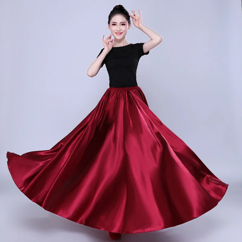 360 Degree Satin Skirt Belly Dance Women Gypsy Long Skirts Dancer Practice Wear 15 Colors Assorted Solid Purple Gold Dance Skirt